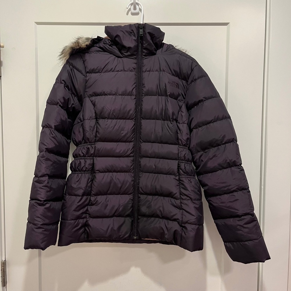 The North Face Womens Gotham Puffer Jacket Purple Faux Fur Trim Hood Medium
